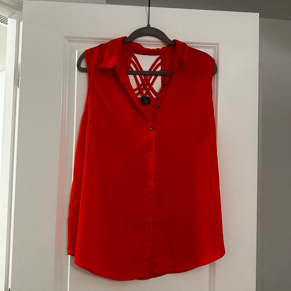 new directions Red Sleeveless Button-Front V-Neck Top with Crisscross Back